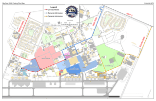Sky Fest 2026 parking plan map showing Graham Gate, Main Gate, Rambo Gate, and lots 1–10 with general parking, VIP, RV, accessible, vendor, and staff areas