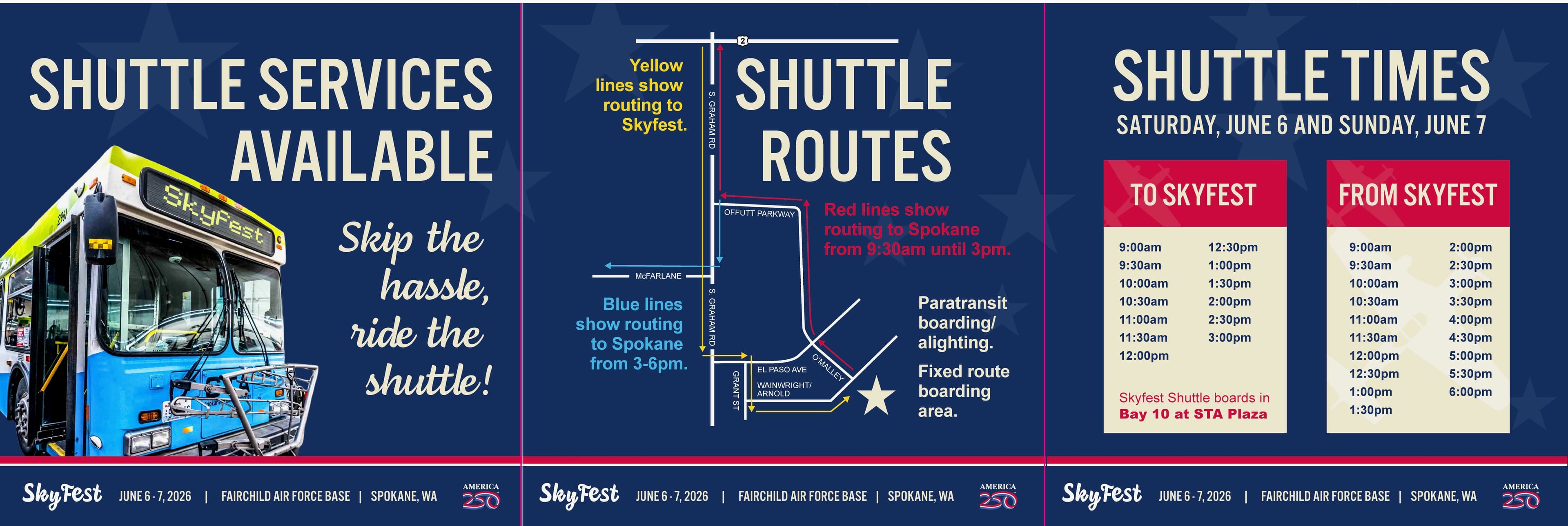 Shuttle services info graphic with shuttle routes and times to and from Skyfest